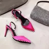 желтый атлас рина Slingback насос Нова кристалл украшен высокая пятка обувь с цепной сеткой горного хрусталя мешка г женщинами обуви