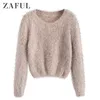 ZAFUL Pullover Fuzzy Heathered Sweater Fluffy Faux Fur Short Round Neck Elastic Daily Women Sweater Autumn Winter Pullovers Tops