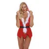 Branco fuzzy guarnição de malha aberta Frente Hoodie Chemise com a Bell Belt e Panty Set Mulheres do feriado do Natal Sexy Santa Intimate Apparel Lingerie