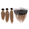 Kinky Curly Honey Blonde Ombre Bundles de cheveux humains malaisiens Offres 3Pcs avec 13x4 Lace Frontal # 1B / 27 Brun clair Ombre Weaves avec Frontal