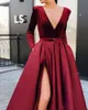 2020 sexy diepe v-nek fluwelen avondjurken dragen lange mouwen Bourgondië rood zwart hoge split vloer lengte party quinceanera formele prom-jurk