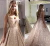 Expensive Rose Gold Sequined Prom Evening Dresses Sexy V-neck V Open Back Empire Waist Bling Party Dress For Special Occasion Long