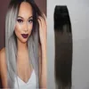 40 Pieces Ombre Tape in Hair Extensions Human Remy Colored Hair Extensions #1B Fading to grey Ash Blonde Glue on Hair