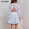 Uulzzor 2019 Femmes Robes Automne Sexy V Profond À Manches Longues Imprimer Robes Bohème Dos Nu Robe Élégante Volants Femme Vestidos Y19073101