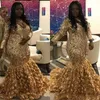 Guld Svart Flickor African Prom Klänningar 2020 V Hals Sequin Applique Långärmade Rose Floral Kjol Special Occasion Grows Party Dresses