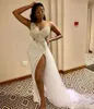 Seksowne Wysokie Split Prom Dresses South African Aplikacje Koraliki Suknie Wieczorowe Satyna i Tulle Sweep Pociąg Formalna Party Dress