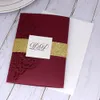 2020 Burgundy Rose Laser Cut Pocket Wedding دعوة مع بطاقة RSVP مع حزام بريق وعلامة Quinceanera دعوة التخرج 7400380