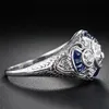 OMHXZJ Intero Europeo Tre Anelli di Pietra Moda Donna Uomo Festa Regalo di Nozze di Lusso Ovale Bianco Blu Topazio Zircone 18KT Bianco Go3000079