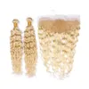 # 613 blonde nat en golvend menselijk haar 2bundles en frontale 3pcs lot braziliaanse blonde water golf haar weeft met 13x4 kant frontale sluiting