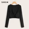 Shein Solid Twist Front Rib-stickad Crop Top Fitted T Shirt Women Autumn Winter Long Sleeve Round Neck Casual Söta tshirt Tops