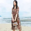 Al por mayor-Boho Beach Summer Dress 2019 Real Silk Vintage Floral Dress Mujeres Casual Pink Midi Elegant Ladies Vestidos Vestidos 89266