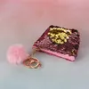 Girls Mini Sequin Key Chain Coin Purses With Cute Plush Ball Mermaid Sequin Glitter Zipper Earphone Wallet Gifts