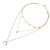 Women Star Style Pendant Necklace Creative Simple Necklace Octagonal Crescent Three-Lay Clavicle Chain Fashion Jewelry