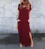 S-5XL Women Summer dresses Clothes Stylish Pullover Maxi Dress A type knit Casual Long Dress Short Sleeve Backless Lady Clothing Pocket