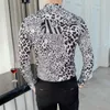 Camisa de flor de luxo leopardo impressão camisa masculina manga longa dj cantor camisa homem baile masculino festa clube men267o