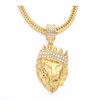 Mens Crown Tag Pendants Necklaces Hip Hop Gold Full Iced Rhinestone Crown Tag Long Cuban Chain Necklace Gold Jewelry for Male