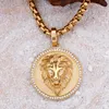 Lion Head Round Pendants Necklace Men's Hip Hop 316L Stainless Steel Cubic Zirconia Setting 18K Gold Plated Rap Jewelry