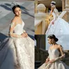Ballkleider mit langen Ärmeln, Perlen-D-Blumenapplikationen, Saudi-Arabien-Spitze-Brautkleider, Kathedralen-Schleppe, Hochzeitskleid