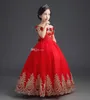 Élégant princesse rouge filles robes de concours d'épaule Applique du sol Longueur Bouche de bal robes de concours pour adolescents pour les adolescents fleur de tout-petit G308C