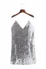 Deep V Neck Höst Silver Sequined Backless Sexy Dress Women Off Shoulder Mini Dress Christmas Party Club Strap Dresses Vestidos Summer