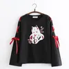 Abbigliamento da donna all'ingrosso-estivo Anime Fox stampata con nastro incrociato T-shirt da ragazza da donna Harajuku Primavera Felpa con cappuccio in cotone nero con gonna