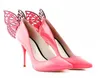 Venda imperdível-rosa azul couro envernizado sapatos de salto alto asas de borboleta dedo do pé pontudo mulheres bombas de salto agulha sapatos de casamento nupcial