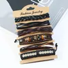 Pulsera de cuero tejido Aleación Cabeza de calavera Cuentas de madera Encantos Metal Joyería europea americana para mujeres Cadena de cuerda de mano antigua Brazalete envolvente para hombre