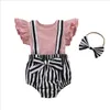 Baby Girls Clothes Kids Solid T Shirt Suspender Shorts Bowknot Headband Clothing Sets Summer Fly Sleeve Top Striped Hairband Suit CYP619
