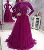 Fuschia Muslim Prom Klänningar 2019 A-Line High Neck Långärmad Lace Beaded Scarf Islamic Dubai Saudiarabiska Long Prom Aftonklänning