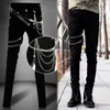 Mens Punk Rock Black Jeans Lap Hip Rivet Slim Fit Biker Denim Pants Boys DJ Singer Stage Ripped Skinny Jeans With Belts & Chains