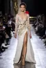 New Elie Saab Split Slit Mermaid Evening Dresses Sequined Beads Lace Appliqued Prom Gowns Sweep Train Long Sleeve Party Dress