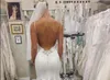 2019 New Mermaid Bröllopsklänningar Spaghetti Straps Neck Satin Brudklänningar Lace Appliqued Backless Simple Wedding Dresses Cheap Court Train