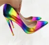 Frauen Dame 2021 Mode Regenbogen Lackleder Schuhe Gifte Zehen Hochzeit Stiletto High Heels Pumps 12 cm 120mm