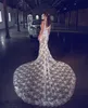 Seksowna Illusion Bodice Syrenki Suknie Ślubne Głębokie V Neck Koronki 3D Kwiatowe Aplikacje Plaża Smoking Sweep Sweep Pociąg Plus Rozmiar Robes De Mariée