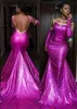 Afryki Sexy Backless Suknie wieczorowe Sheer Neck Gold Aplikacje Syrenka Prom Dress Długie Rękawy Cekinowa Dress Party Vestidos Czarne dziewczyny