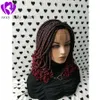 Handmade 14inch Box Braid Pleciona Koronkowa Peruka Przednia Peruka Z Kręcącymi Końcami Kolor 1b / Burgundy Czerwony Ombre Kolor Krótkie Płaszcz Włosy Peruki Dla Czarnych Kobiet