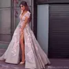 Sexy Romantique Rose Une Ligne Robes De Bal Plongeant Col En V Manches Courtes 3D Fleurs Dentelle Applique Haut Côté Split Soirée Robe De Marie pplique