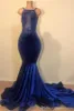 Sexy königsblaue Neckholder-Meerjungfrau-Abschlussballkleider aus Samt mit Spitze, rückenfrei, Perlen-Pailletten, formelle Party-Abendgarderobe-Kleider Robe De Mariee