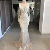 Neue Dubai Nude Mermaid Prom Kleider 2022 Lange Ärmel Perlen Quaste Mode Formale Abendkleider Arabische Kleider