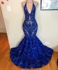 Sexy Floral Ruffles Royal Blue Mermaid Prom Dresses Sequins Lace Appliques Halter Evening Party Gowns