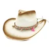 Pintura en aerosol marrón, decoración de cinta étnica, sombrero de estilo panamá para mujer, gorras con visera ancha y grande, sombrero de paja vaquero de verano para Unisex