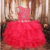 2020 rouge bébé filles Pageant robes volants perles cristal bijou organza première communion robe de graduation enfants robe de fête d'anniversaire nouveau