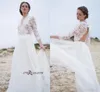 Sexy Profundo Decote Em V Vestidos de Casamento Linha-A Bohomian Rendas Sem Encosto Applique Tule Saia 3/4 Mangas Compridas Vestido De Casamento De Noiva Vestido De Noiva Feito Sob Encomenda