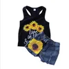 Baby Girl Clothes Kids Sunflower Clothing Sets Letter Printed Tops Ripped Denim Shorts Suits Summer Casual Vest Shirts Pants Outfits B5864