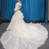 Vit berta bröllopsklänningar avtagbart tåg av axel satin tulle öppen bakstrand bröllopsklänning boho brudklänningar plus storlek lång