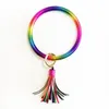 Kwastje sleutelhanger regenboog hand ring armbanden mode kleurrijke cirkel ronde lederen armbanden armbanden vrouwen meisje charms ketting sieraden sleutelhangers