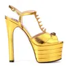 6 cm Stachel Versand kostenlose Plattform Nieten Sandalen Frauen gestreift Metallic 16 cm Heels Pumpen Patent Peep-Toe Hochzeitsschuhe Mary Jane Gold 01 5