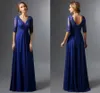 Kraliyet Mavi 2020 Anne Gelin Elbiseler A-Line V Yaka Yarım Kollu Şifon Dantel Uzun Zarif Damat Anne DSS Anne Düğün için Elbiseler