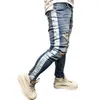 ثقوب جديدة ممزقة الرجال جينز جانب مخطط الأزرق Jans الرجال Zipper Hip Hop Jeans راكب الدراجة النحيل الضيق