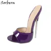 Sorbern violet brevet pantoufle femmes bout ouvert en métal talon haut 18Cm été sans lacet chaussure en plein air diapositives dames sexe chambre chaussures